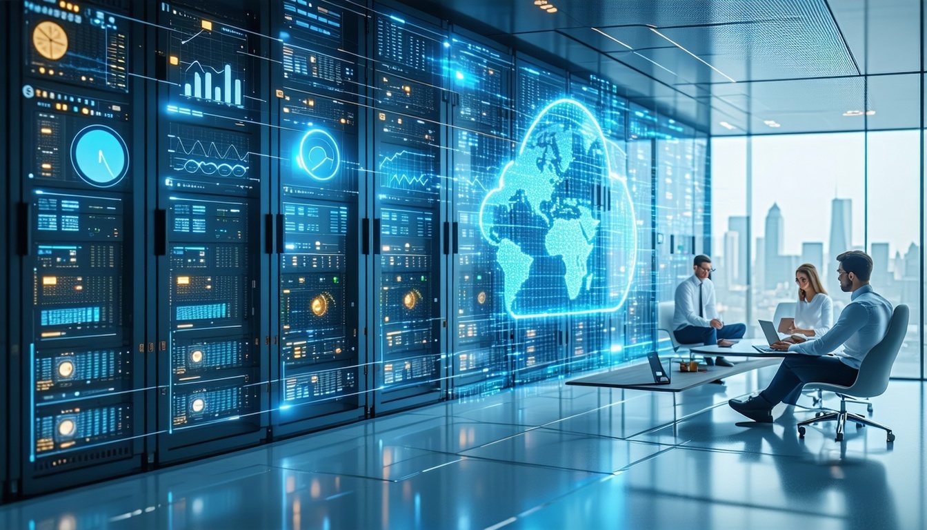 Abstract digital server graphics infrastructure dashboard interface or a midsized business team collaborating via cloud-1