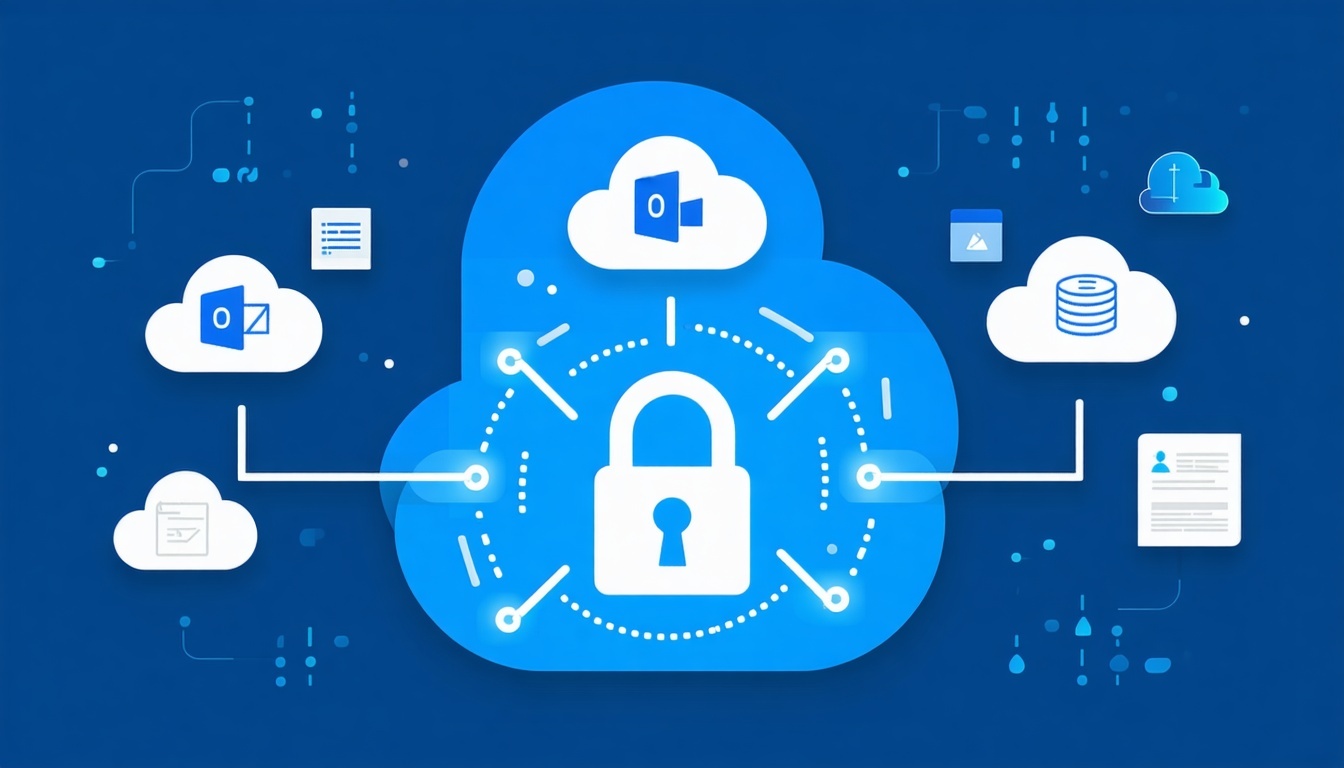 Cloud icons Outlook Teams Google Drive etc connected to a lock or backup vault graphic-1