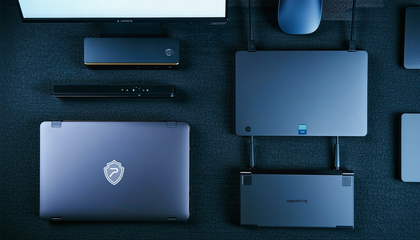 Cybersecurity relatedFlat lay of labeled business hardware laptops access points monitors with subscriptionstyle badge overlay-3