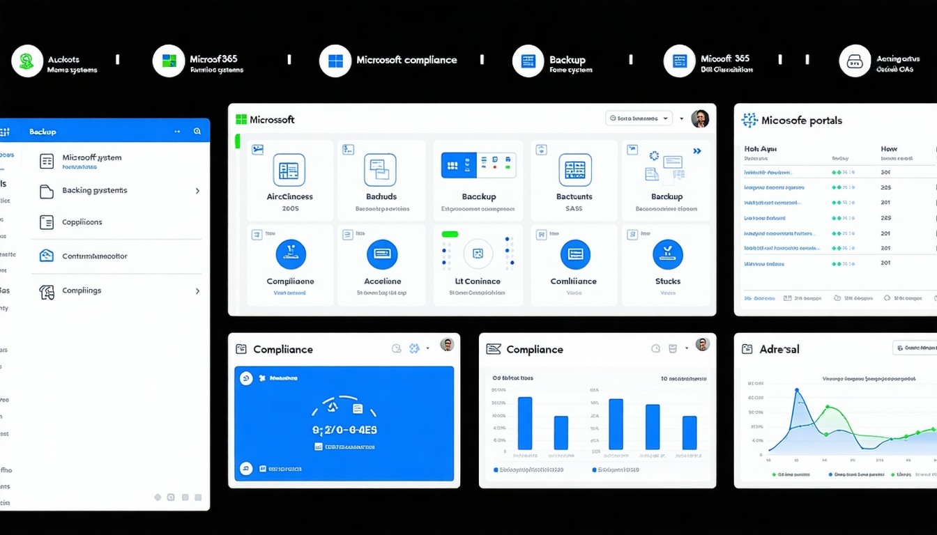 Dashboard view of multiple SaaS apps eg Microsoft 365 backup systems compliance portals running across screens with a clean interface and subtle branding-Jun-22-2025-03-10-38-6192-PM