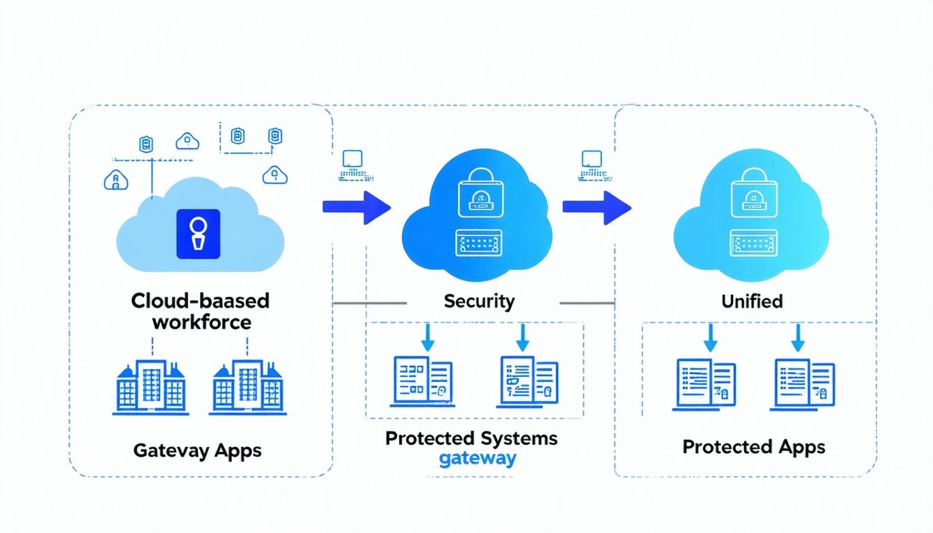 Diagram showing cloudbased workforce  unified security gateway  protected systems and apps-3